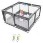 SKY-TOUCH Baby Playpen | Portable Playard for Babies | Sturdy Anti-Fall Baby Playpen Activity Center | Breathable Mesh | 4 Pull-Up Ring｜Install Accessories | 180 x 150cm,Gray