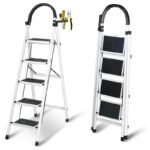 SKY-TOUCH Foldable Ladder 5 Steps, Home Ladder Folding Step Stool with Wide Anti-Slip Pedal, Adults Folding Sturdy Steel Ladder for Home,Kitchen, Garden, Office