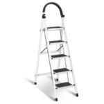 Sulfar Foldable Ladder 5 Steps, Home Ladder Folding Step Stool with Wide Anti-Slip Pedal, Adults Folding Sturdy Steel Ladder for Home, Kitchen, Garden, Office